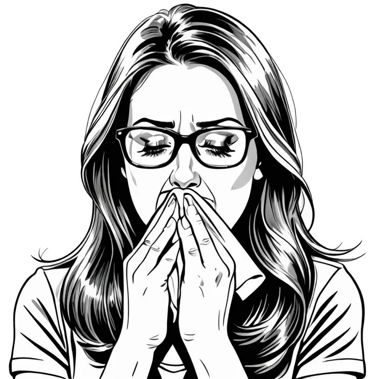 Allergy sufferer sneezing into handkerchief